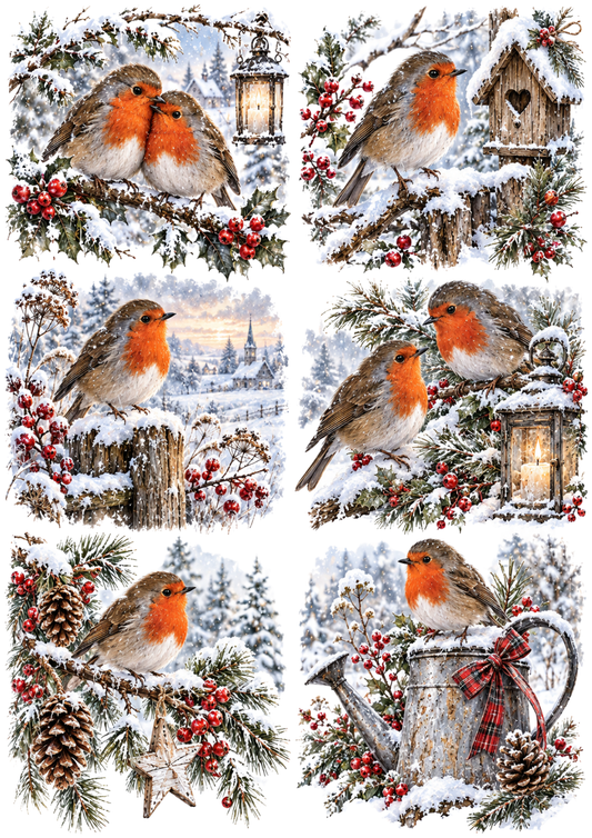 Sticker Sheet / Greeting Card – Watercolour Robin Winter Vignettes Collage Cat. No 10619