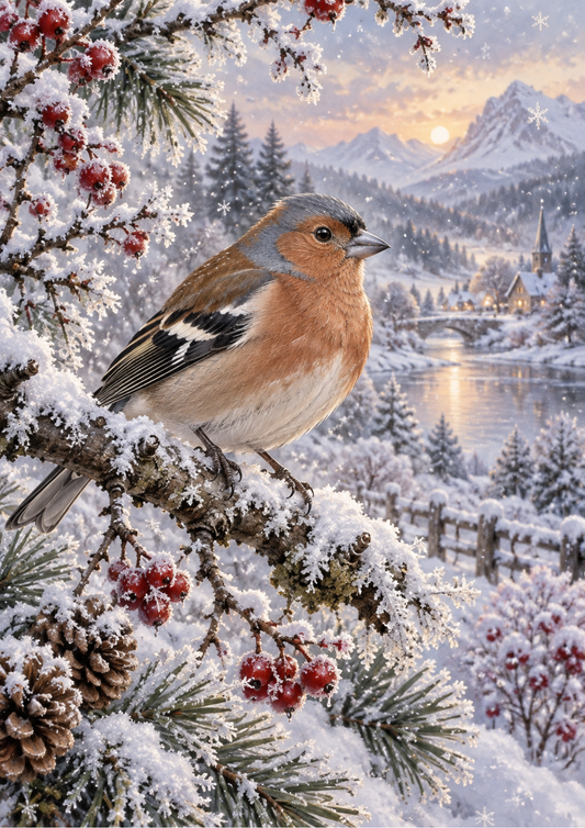 Sticker Sheet / Greeting Card – Frosted Finch at Winter’s Dusk Full Cat. No 10620