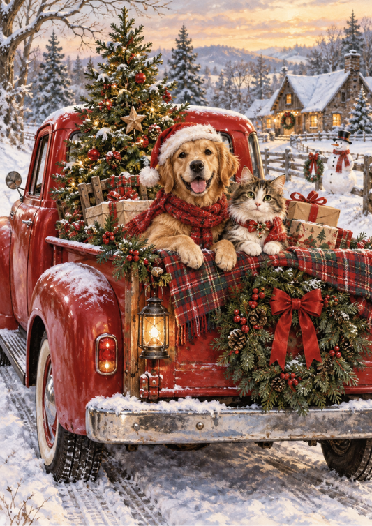 Sticker Sheet / Greeting Card – Festive Friends in a Snowy Pickup Full Cat. No 10623