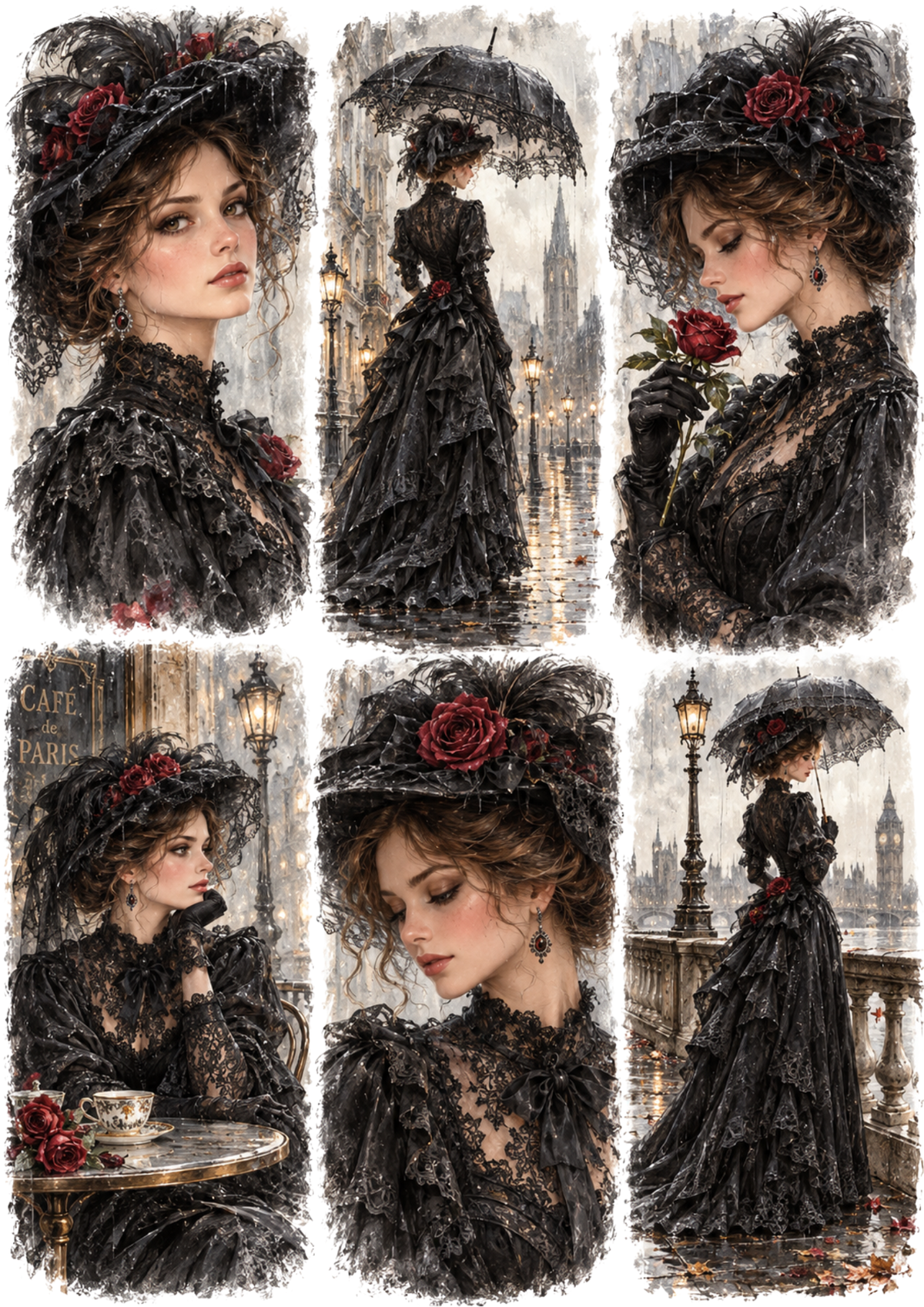 Sticker Sheet / Greeting Card – Rainy Victorian Rose Portraits Collage Cat. No 10626