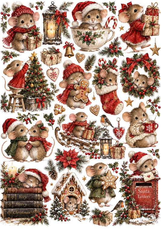 Sticker Sheet / Greeting Card – Vintage Christmas Mouse Collage Cat. No 10627
