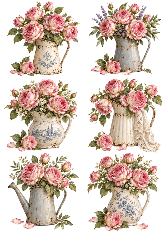 Sticker Sheet / Greeting Card – Vintage Provence Rose Pitcher Collage Cat. No 10634