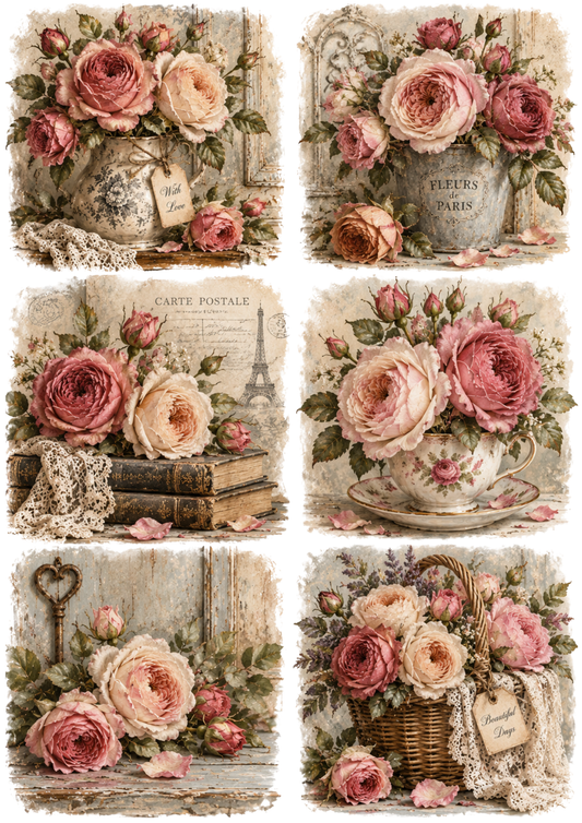 Sticker Sheet / Greeting Card – Vintage French Rose Still-Life Collage Cat. No 10635