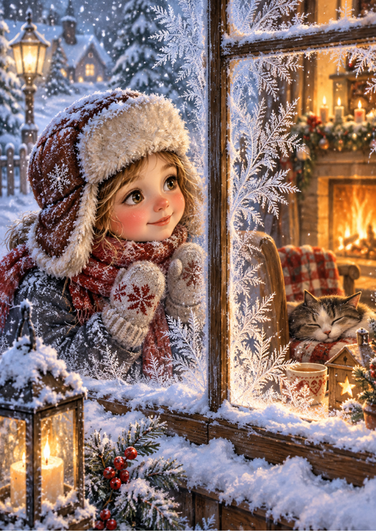 Sticker Sheet / Greeting Card – Girl Peering Through a Frosted Window Full Cat. No 10638