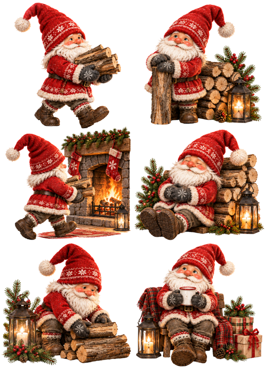 Sticker Sheet / Greeting Card – Cozy Christmas Gnome Firewood Collage Cat. No 10639
