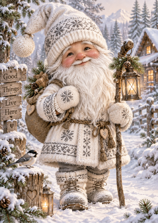 Sticker Sheet / Greeting Card – Cozy Gnome in a Snowy Winter Village Full Cat. No 10647