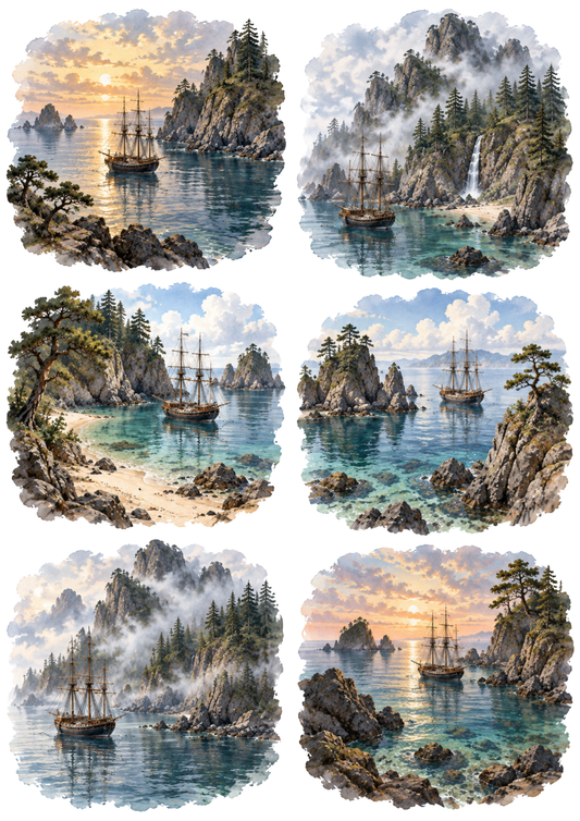 Sticker Sheet / Greeting Card – Watercolour Tall-Ship Seascapes Collage Cat. No 10648