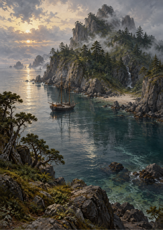Sticker Sheet / Greeting Card – Misty Fjord with a Lantern-Lit Tall Ship Full Cat. No 10649