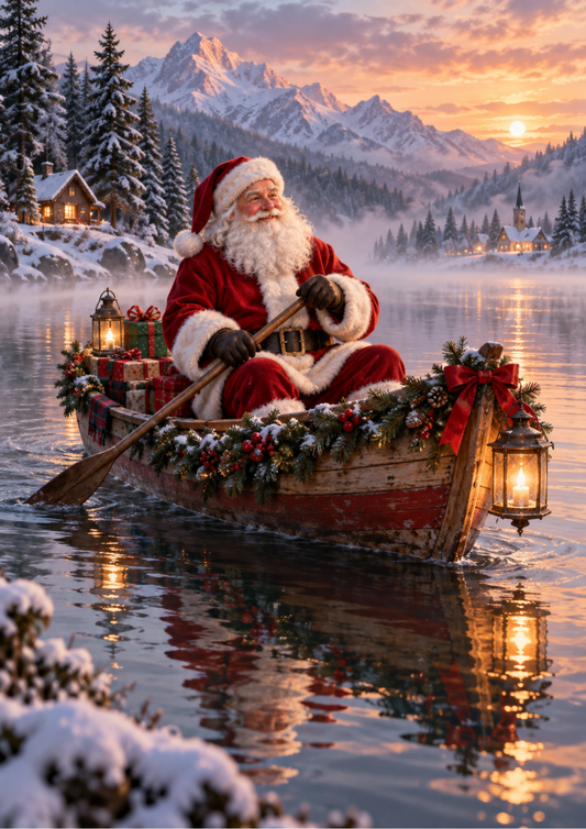 Sticker Sheet / Greeting Card – Santa’s Lantern Boat on a Winter Lake Full Cat. No 10652