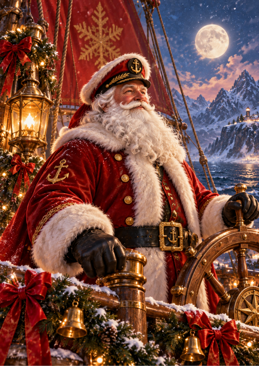 Sticker Sheet / Greeting Card – Moonlit Santa Captain at Sea Full Cat. No 10654