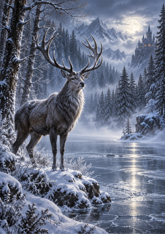 Sticker Sheet / Greeting Card – Moonlit Stag by the Frozen Lake Full Cat. No 10660