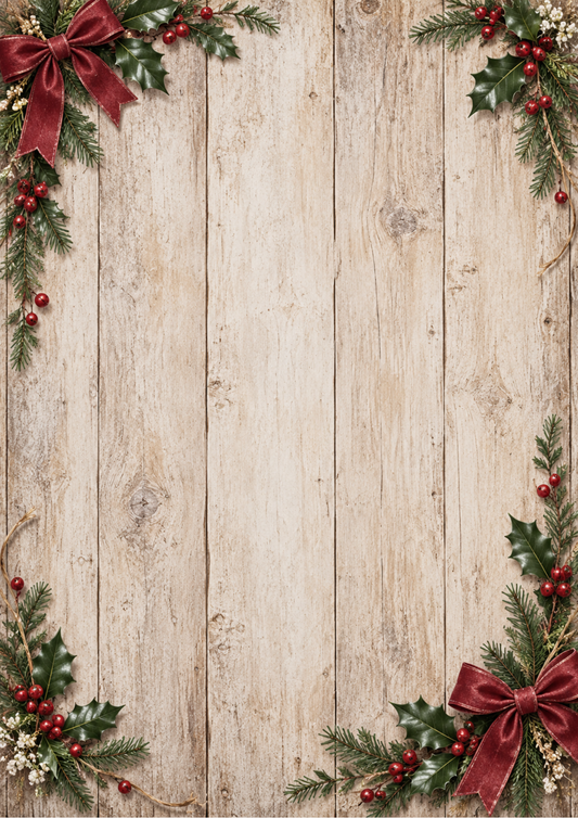 Sticker Sheet / Greeting Card – Rustic Christmas Holly Wood Background Full Cat. No 10661