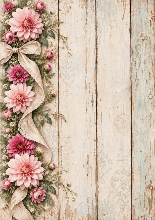 Sticker Sheet / Greeting Card – Vintage Dahlia Garland on Weathered Wood Background Full Cat. No 10662
