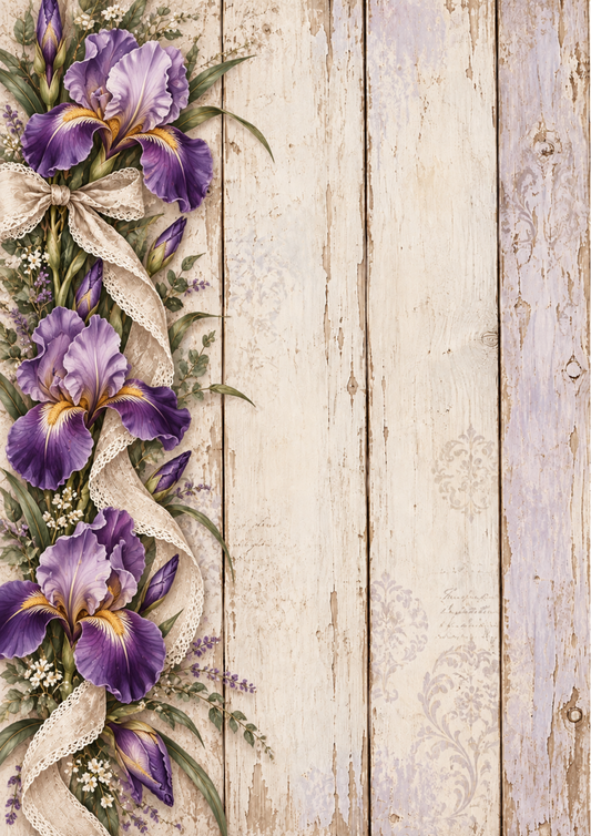 Sticker Sheet / Greeting Card – Vintage Iris Bouquet on Weathered Wood Full Cat. No 10664