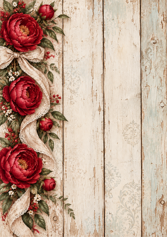 Sticker Sheet / Greeting Card – Rustic Red Peonies on Weathered Wood Full Cat. No 10665