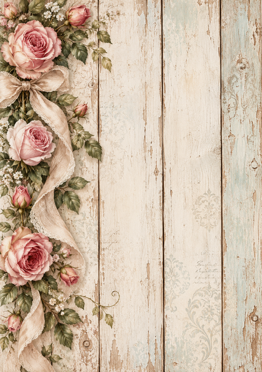 Sticker Sheet / Greeting Card – Shabby-Chic Roses on Weathered Wood Full Cat. No 10666