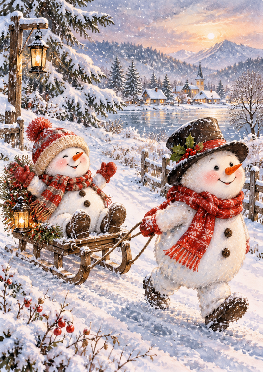 Sticker Sheet / Greeting Card – Snowmen’s Cozy Sled Ride Full Cat. No 10671