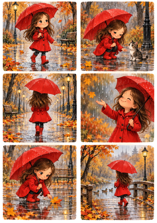 Sticker Sheet / Greeting Card – Rainy Autumn Adventures in the Park Collage Cat. No 10672