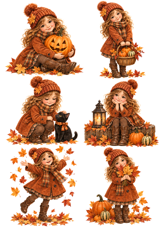 Sticker Sheet / Greeting Card – Cozy Autumn Halloween Girl Collage Cat. No 10674