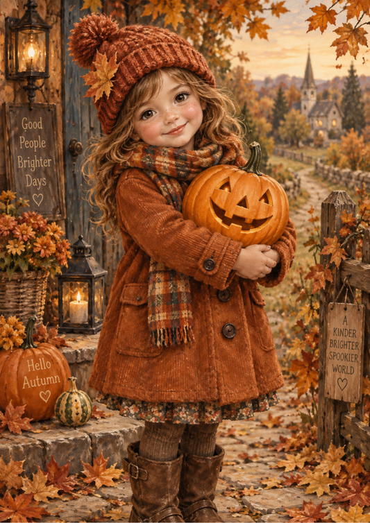 Sticker Sheet / Greeting Card – Autumn Girl with Jack-o’-Lantern Full Cat. No 10675