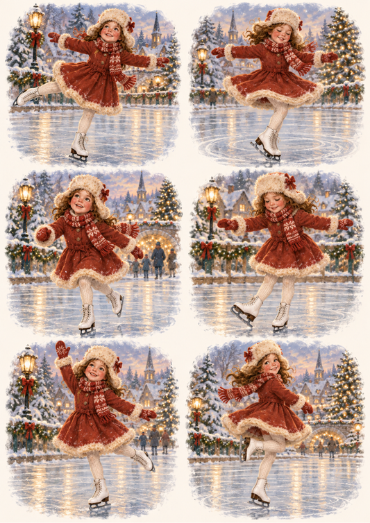 Sticker Sheet / Greeting Card – Vintage Christmas Ice Skating Vignette Collage Cat. No 10678