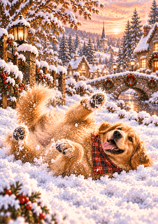 Sticker Sheet / Greeting Card – Golden Retriever’s Snowy Village Adventure Full Cat. No 10682