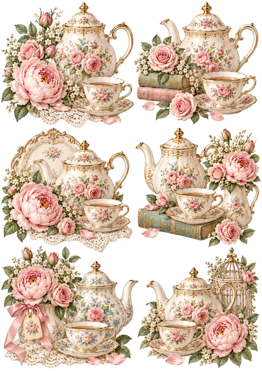 Sticker Sheet / Greeting Card – Vintage Tea-Time Porcelain Collage Cat. No 10694