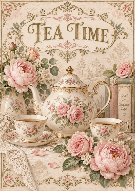 Sticker Sheet / Greeting Card – Vintage Tea Time Floral Still Life Full Cat. No 10695
