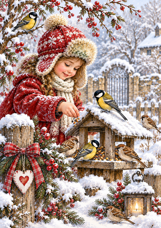 Sticker Sheet / Greeting Card – Snowy Garden Bird Feeder Moment Full Cat. No 10696