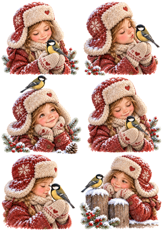Sticker Sheet / Greeting Card – Winter Girl and Great Tit Watercolour Vignettes Collage Cat. No 10699