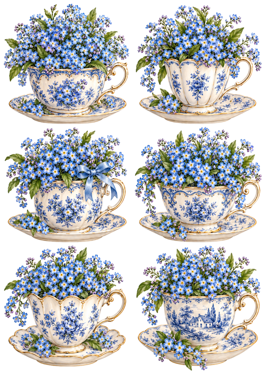 Sticker Sheet / Greeting Card – Vintage Teacup Forget-Me-Not Collection Collage Cat. No 10700