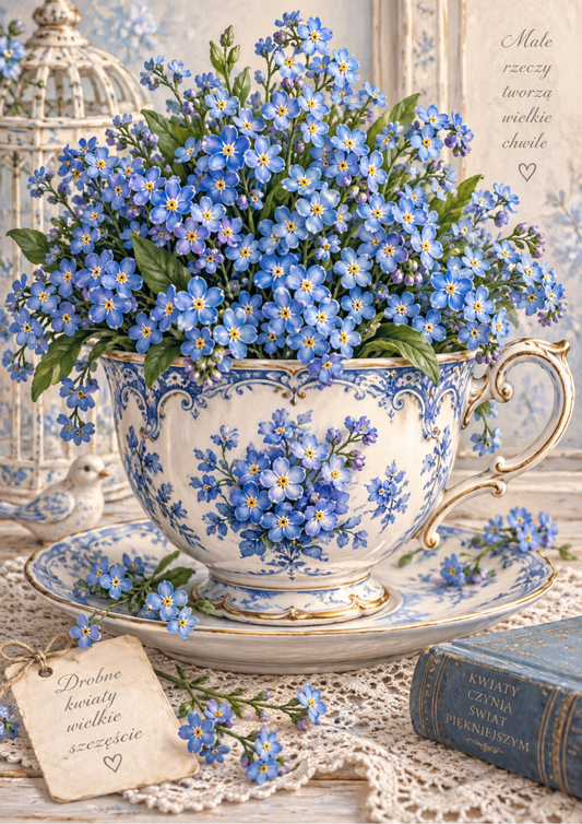 Sticker Sheet / Greeting Card – Forget-Me-Not Teacup of Happiness Full Cat. No 10701