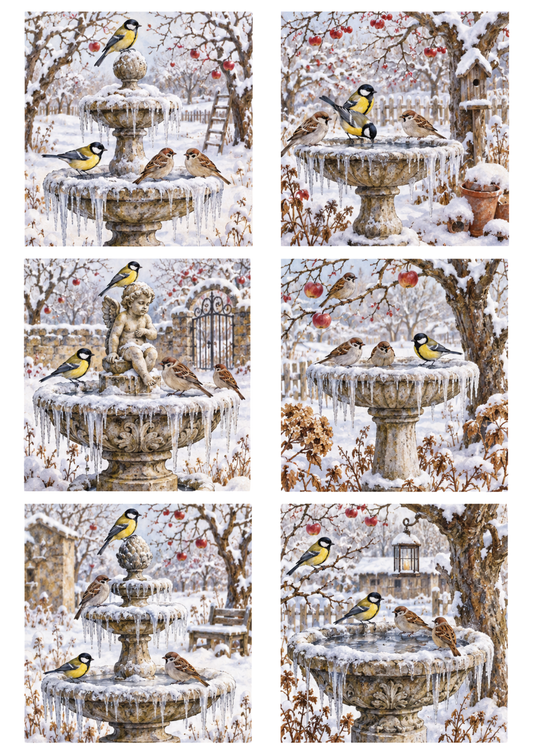 Sticker Sheet / Greeting Card – Winter Birds at the Frozen Fountain Collage Cat. No 10703