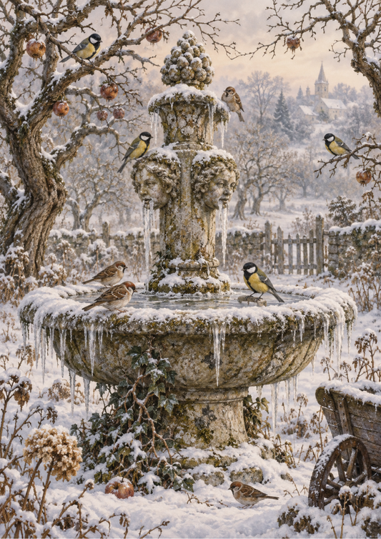 Sticker Sheet / Greeting Card – Snowbound Fountain in a Misty Orchard Full Cat. No 10704