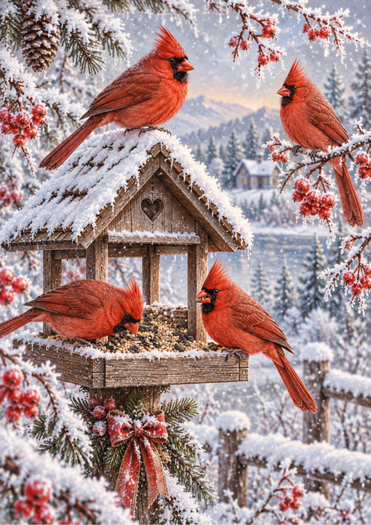 Sticker Sheet / Greeting Card – Snowy Cardinal Feeder at Dawn Full Cat. No 10706
