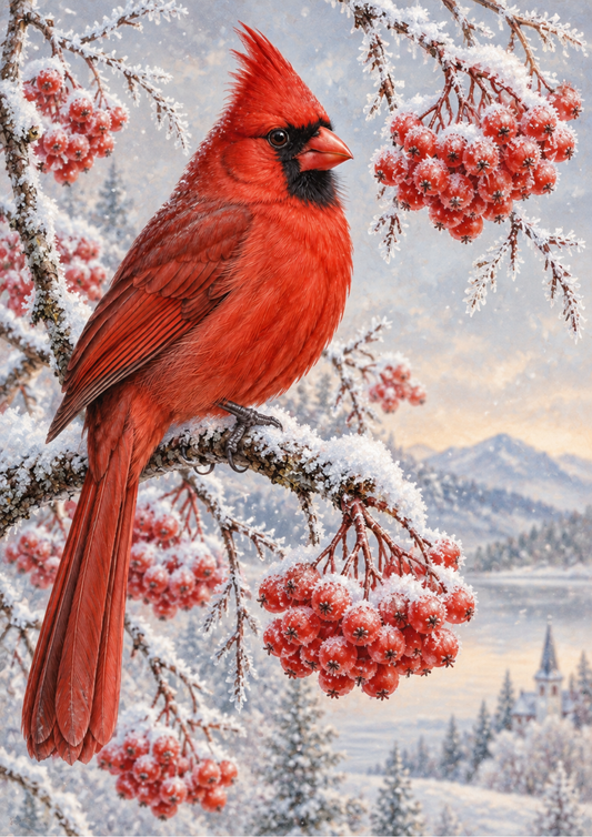 Sticker Sheet / Greeting Card – Frosted Cardinal Among Rowan Berries Full Cat. No 10708