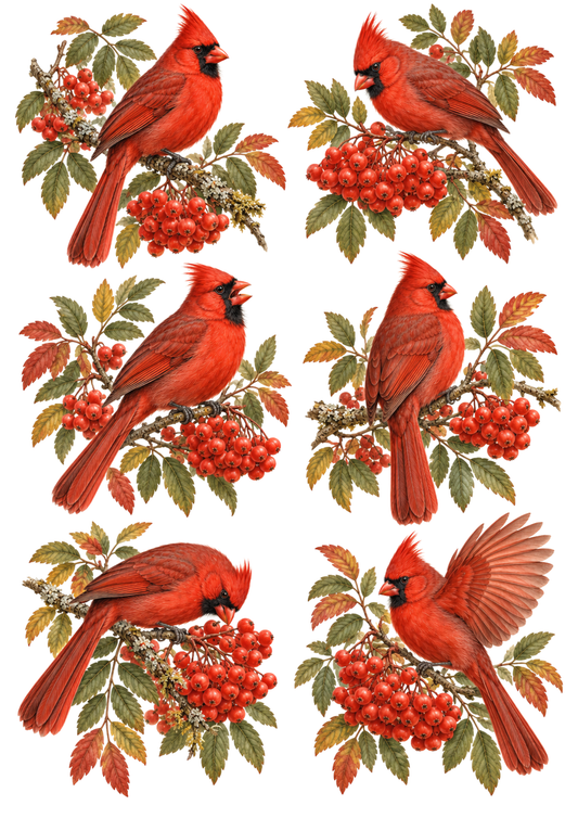 Sticker Sheet / Greeting Card – Cardinals and Rowan Berries Botanical Sheet Collage Cat. No 10709