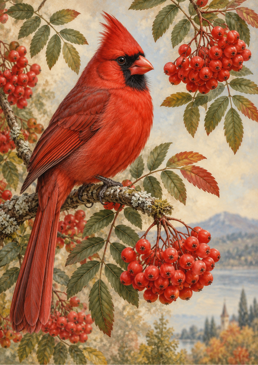 Sticker Sheet / Greeting Card – Cardinal Among Autumn Berries Full Cat. No 10710