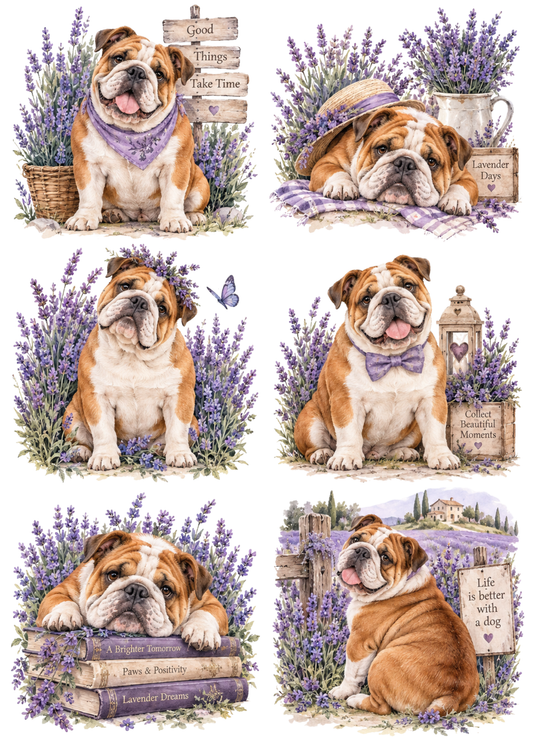 Sticker Sheet / Greeting Card – Lavender Days with Bulldog Collage Cat. No 10716