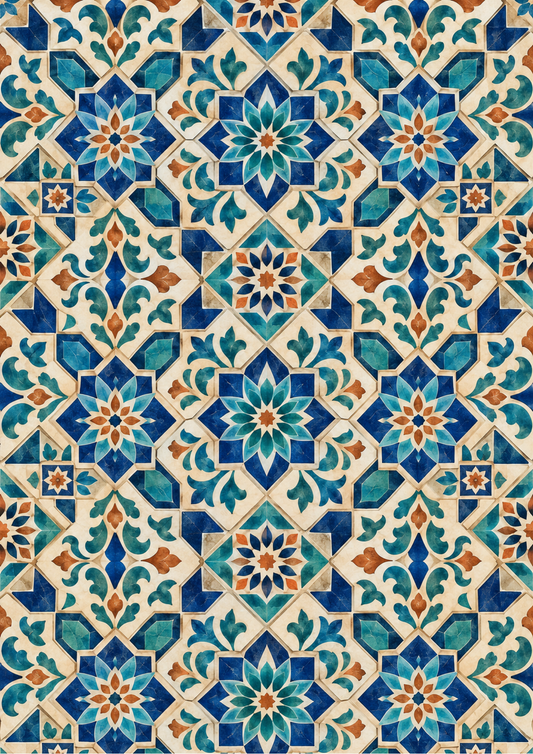 Sticker Sheet / Greeting Card – Moroccan Blue and Teal Tile Mosaic Background Full Cat. No 10718