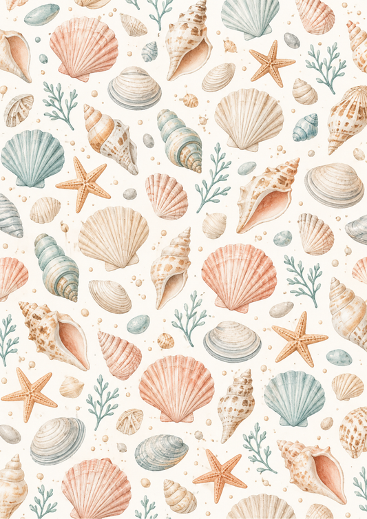 Sticker Sheet / Greeting Card – Seashells and Starfish Pattern Background Full Cat. No 10723