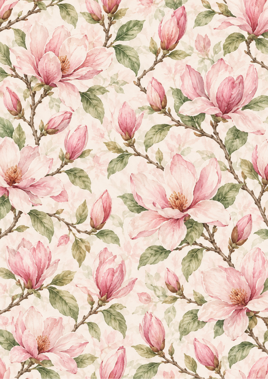 Sticker Sheet / Greeting Card – Vintage Pink Magnolia Watercolour Pattern Background Full Cat. No 10725