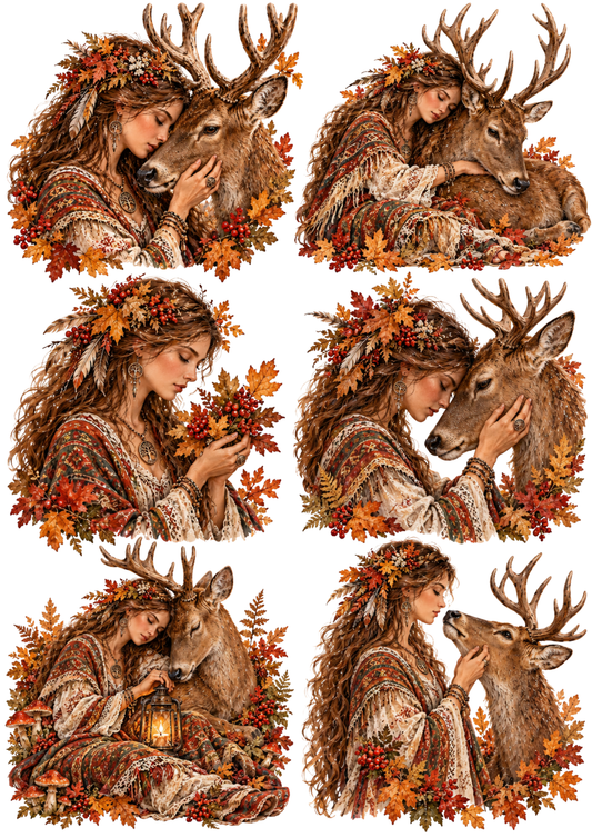 Sticker Sheet / Greeting Card – Autumn Woodland Maiden and Deer Vignettes Collage Cat. No 10736