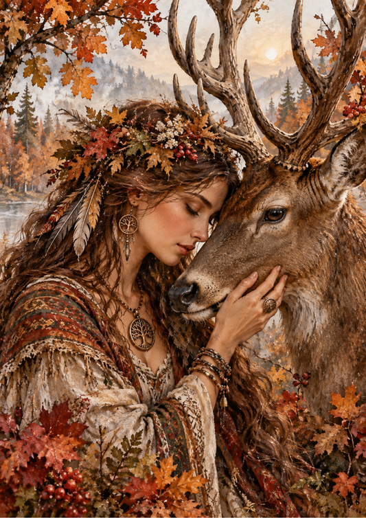 Sticker Sheet / Greeting Card – Mystical Autumn Bond with a Stag Full Cat. No 10737