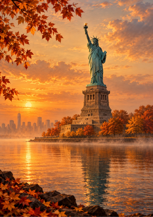 Sticker Sheet / Greeting Card – Autumn Sunset over the Statue of Liberty Full Cat. No 10741