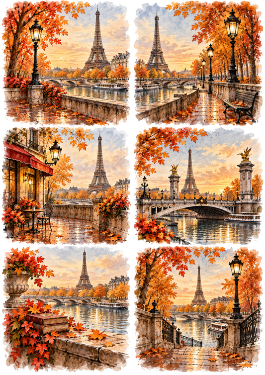 Sticker Sheet / Greeting Card – Autumn Paris in Watercolour Vignettes Collage Cat. No 10742