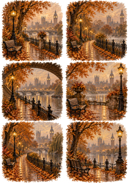 Sticker Sheet / Greeting Card – Misty Autumn London Park Vignettes Collage Cat. No 10746