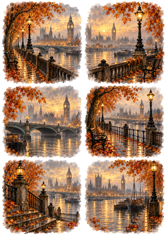 Sticker Sheet / Greeting Card – Misty Autumn London Riverside Vignettes Collage Cat. No 10747