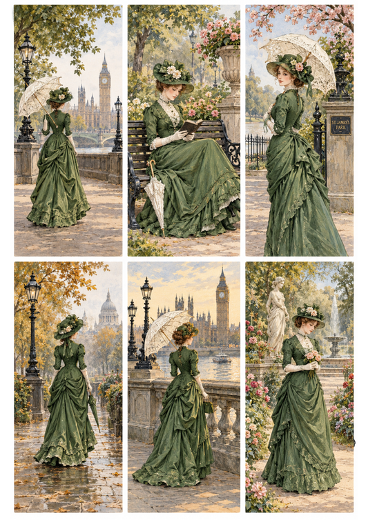 Sticker Sheet / Greeting Card – Victorian Lady in London Parks Collage Cat. No 10753