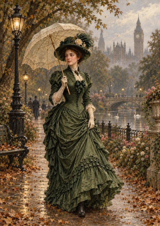 Sticker Sheet / Greeting Card – Victorian Lady in Misty London Park Full Cat. No 10754